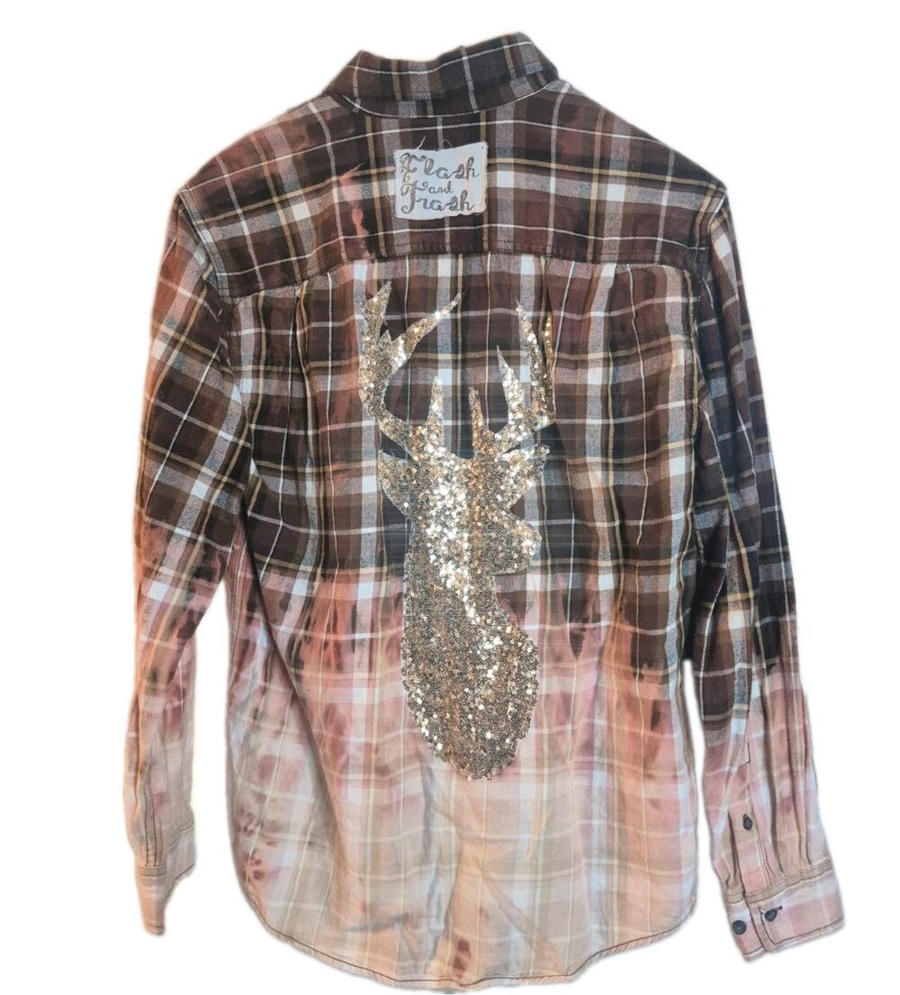 Flash And Trash Sequin Deer Cowgirl Upcycled Long Sleeve Button Up Women Sze S